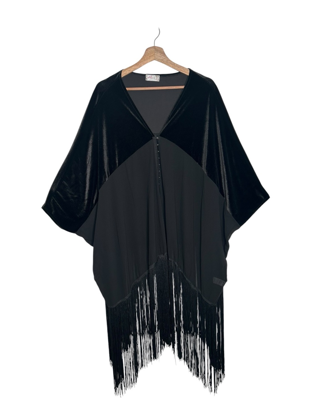 Vintage Free People Black Velvet & Sheer Fringe Poncho Kaftan Oversized One Size - Picture 7 of 10